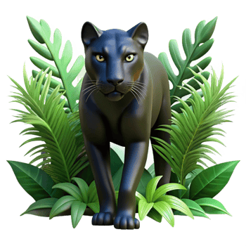 serene creative A sleek black panther prowling through dense jungle foliage, its eyes glowing intensely in the dappled shade. Art Deco style exclusive png