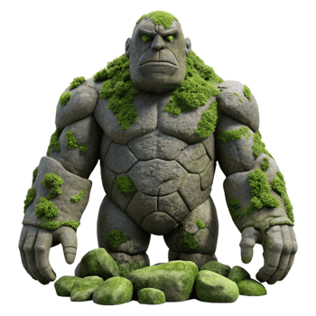 dramatic contemporary A stoic golem guarding an ancient city, its stone body covered in moss. Soft, natural lighting. Surrealist style high resolution png