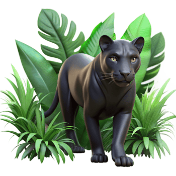 vibrant traditional A sleek black panther prowling through dense jungle foliage, dappled sunlight, photorealistic style with shallow depth of field exclusive png