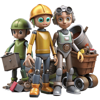 vibrant abstract A group of street urchins with cybernetic enhancements, scavenging for scrap in a junkyard, in a gritty, realistic style genuine png