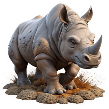 elegant abstract A powerful rhinoceros charging through the bush, its thick hide covered in mud, depicted in an intense, action-packed style 4K png