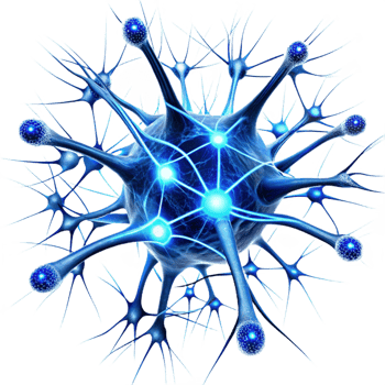 impressive traditional A complex network of interconnected neurons, firing and pulsing with energy, illuminated by a bioluminescent, electric blue light, in a scientific, biological style professional png