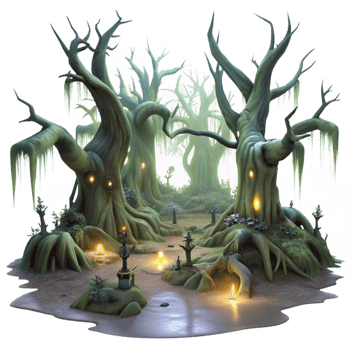 impressive contemporary A haunted, ancient forest filled with twisted, gnarled trees and spectral creatures, lit by the eerie glow of will-o'-the-wisps. Alan Lee, dark fantasy, ethereal exclusive png