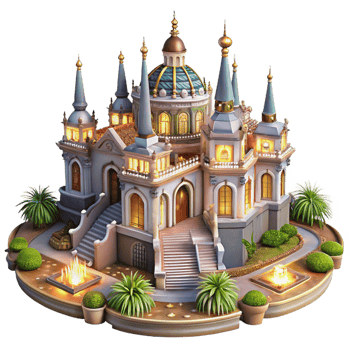 beautiful creative An ornate Baroque palace with elaborate gardens, illuminated by fireworks and celebratory lights, festive painting style premium png