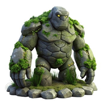 stunning vintage A colossal stone golem awakens from its slumber, covered in moss and vines. Dramatic crepuscular lighting. Dark fantasy style premium png