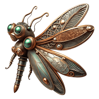 stunning rustic A steampunk dragonfly, delicate metal wings, intricate gears, bright studio lighting, fantasy illustration style high quality png