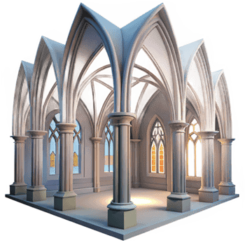 impressive contemporary A medieval cathedral interior, soaring arches, stained glass windows, gothic architecture style, soft diffused light exclusive png