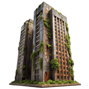 vibrant modern A towering, decaying skyscraper with vines and rust consuming its facade, low-angle shot, oppressive atmosphere, hyperrealistic style, dim, overcast lighting genuine png