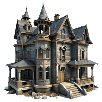 stunning creative A dilapidated Victorian mansion with broken windows and peeling paint, overcast daylight, gothic horror style professional png