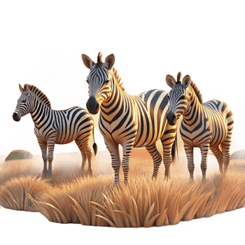 serene minimalist A group of zebras grazing on the African savanna, bathed in the warm light of late afternoon, in a photorealistic style premium png
