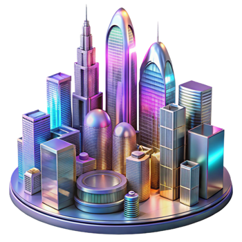 beautiful contemporary A futuristic cityscape with towering skyscrapers made of glass and steel, reflecting the vibrant colors of a holographic advertisement. Art deco style detailed png