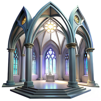 dramatic minimalist Gothic cathedral interior, stained glass windows depicting celestial scenes, ethereal light beams, highly detailed, Gothic style high quality png