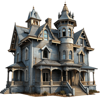 magnificent contemporary A dilapidated Victorian mansion with broken windows and peeling paint, overcast daylight, gothic horror style original png