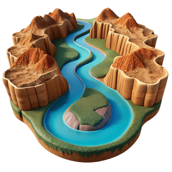 stunning artistic A winding river carving through a canyon, aerial view, vast and expansive landscape professional png