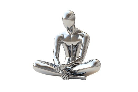 Silver Meditative Figure in Lotus Pose Reflective Sculpture for Yoga Wellness and Mindfulnes png