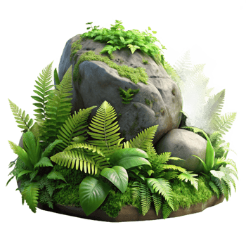 stunning abstract A mossy rock covered in ferns in a rainforest, diffused light, photorealistic style premium png