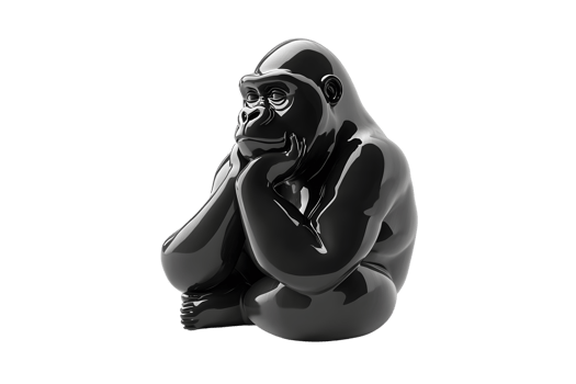 Reflective Gorilla Sculpture in Contemplative Pose Shiny Metallic Finish Artistic Animal Repr png