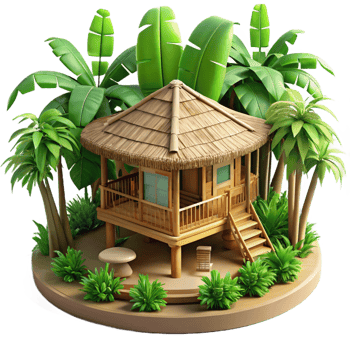 stunning artistic Bamboo house in a tropical rainforest, elevated structure, natural materials, lush green surroundings, eco-tourism architectural style professional png