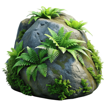 stunning contemporary A mossy rock covered in ferns in a rainforest, diffused light, photorealistic style high resolution png