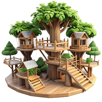beautiful abstract Treehouse village, interconnected wooden platforms, lush foliage, dappled sunlight, fantasy style authentic png