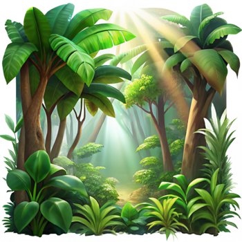 magnificent abstract A lush, tropical rainforest canopy, sunlight filtering through the leaves, with a vibrant, impressionistic painting style high resolution png
