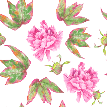 Pattern of watercolor hand-drawn illustrations of lush peony flower and peony leaves. png