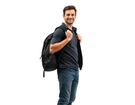 Happy young man with a backpack smiling and looking at the camera. png