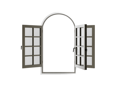 Open arched window with two doors on transparent background png