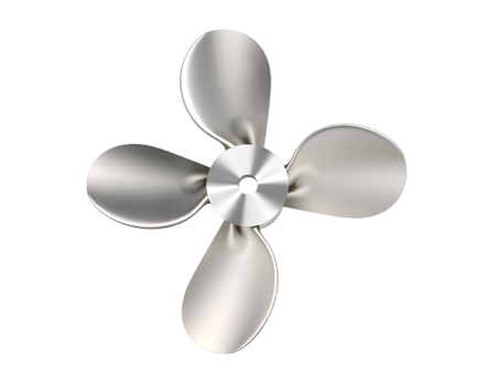 Close-up of a silver propeller with four blades against a transparent background. png