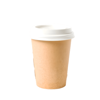 A brown paper coffee cup with a white lid. png