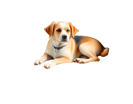 A beautiful dog lying down, with brown and white fur, wearing a collar. png