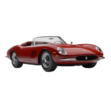 Red Ferrari classic convertible sports car on a transparent background png