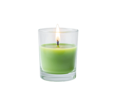 Green candle in a clear glass with a lit flame png