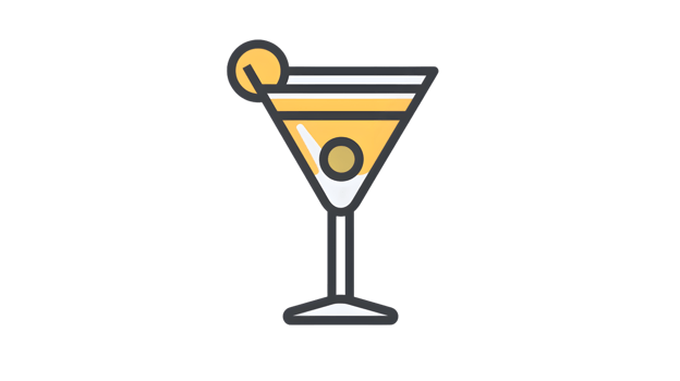A classic cocktail glass with a yellow drink and olive perfect for bar menus recipes and par png