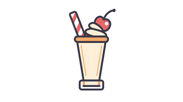 A creamy milkshake topped with a cherry and whipped cream served in a glass with a striped str png
