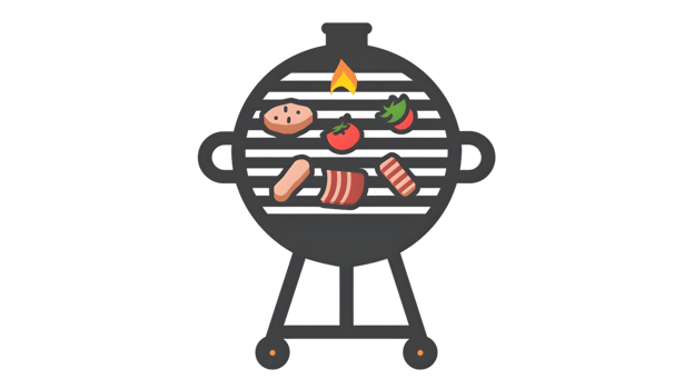 Outdoor Grilling Fun A Cartoon Barbecue with Sizzling Meat Vegetables and Flames on a Portab png