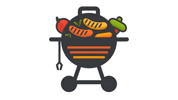 A colorful barbecue grill with sausages and vegetables perfect for cookout themes png