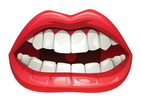 Close up of a mouth with red lips and white teeth, slightly open, showing an angry expression. Cartoon illustration isolated on white background vector