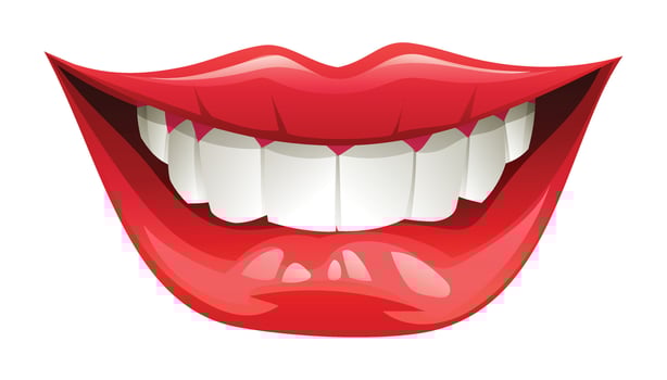 Smiling mouth with white teeth and red lips, close up, slightly biting the lower lip. cartoon illustration vector