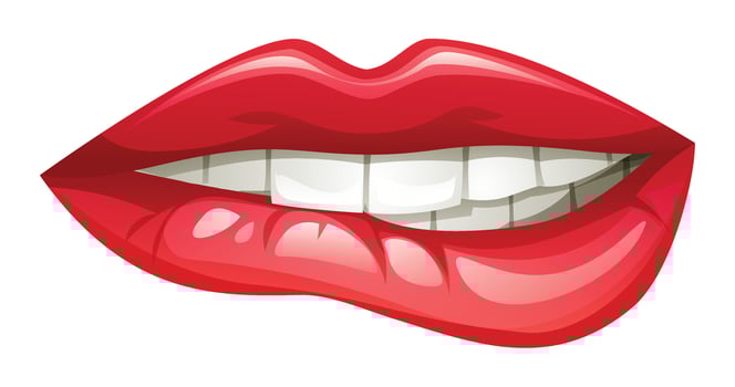 Close up of red lips with white teeth biting the lower lip, expressing a playful mood. Cartoon illustration vector