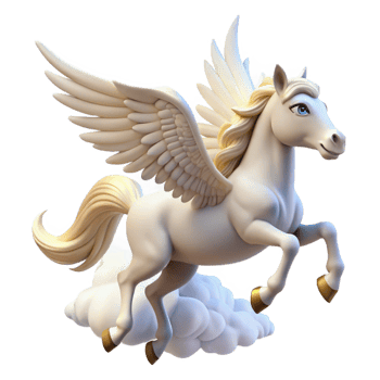 extraordinary creative A graceful pegasus, with feathered wings and a pure white coat, soaring through a cloudy sky. Bright, heavenly lighting. Classical style original png