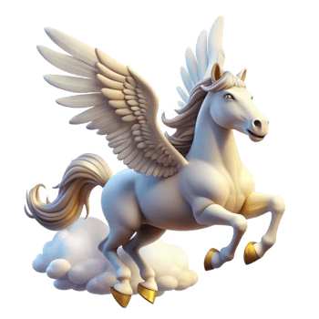 wonderful artistic A graceful pegasus, with feathered wings and a pure white coat, soaring through a cloudy sky. Bright, heavenly lighting. Classical style detailed png