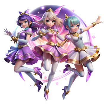 vibrant minimalist A group of magical girls transform into their battle outfits, surrounded by swirling light and sparkles. Bright, magical lighting. Anime style 4K png
