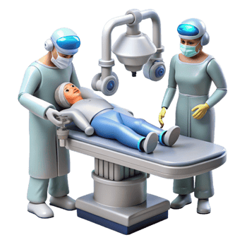 serene contemporary A robotic surgeon performs a complex operation on a cyborg patient in a futuristic operating room. Medical sci-fi style, sterile lighting, detailed medical equipment detailed png
