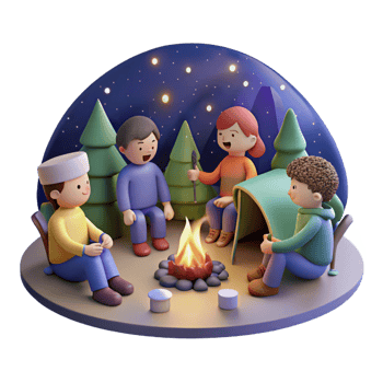 beautiful artistic A group of friends camping under the starry night sky, sharing stories around a campfire. Warm, inviting lighting. Anime style authentic png