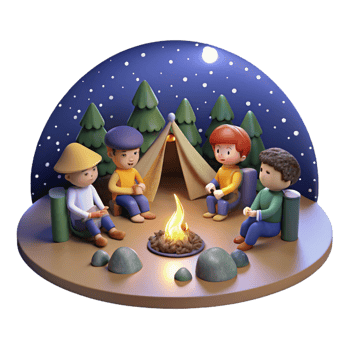 vibrant minimalist A group of friends camping under the starry night sky, sharing stories around a campfire. Warm, inviting lighting. Anime style 4K png