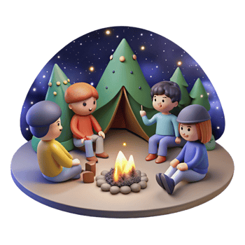 serene traditional A group of friends camping under the starry night sky, sharing stories around a campfire. Warm, inviting lighting. Anime style detailed png