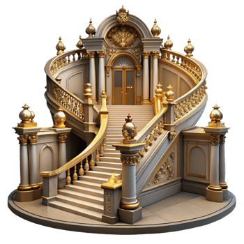 extraordinary classic Baroque palace, opulent gilded ornamentation, grand staircase, dramatic chiaroscuro lighting, highly detailed, Baroque style premium png