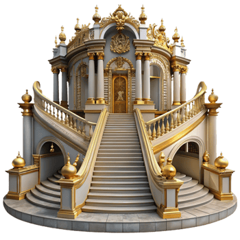 stunning minimalist Baroque palace, opulent gilded ornamentation, grand staircase, dramatic chiaroscuro lighting, highly detailed, Baroque style premium png