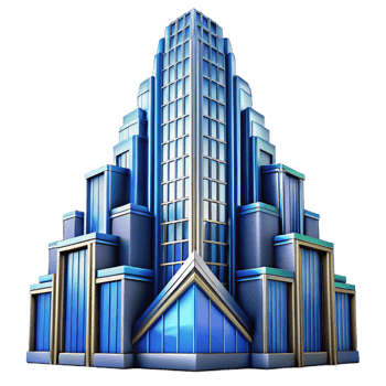 dramatic creative Art Deco skyscraper, intricate geometric facade, chrome accents, volumetric lighting, cool blue hues, highly detailed, Art Deco style high resolution png